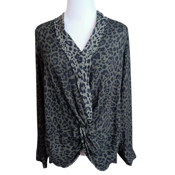 NEW EXPRESS Draped V-Neck Blouse Top Medium Green Black Animal Print Career Work - Picture 3 of 9